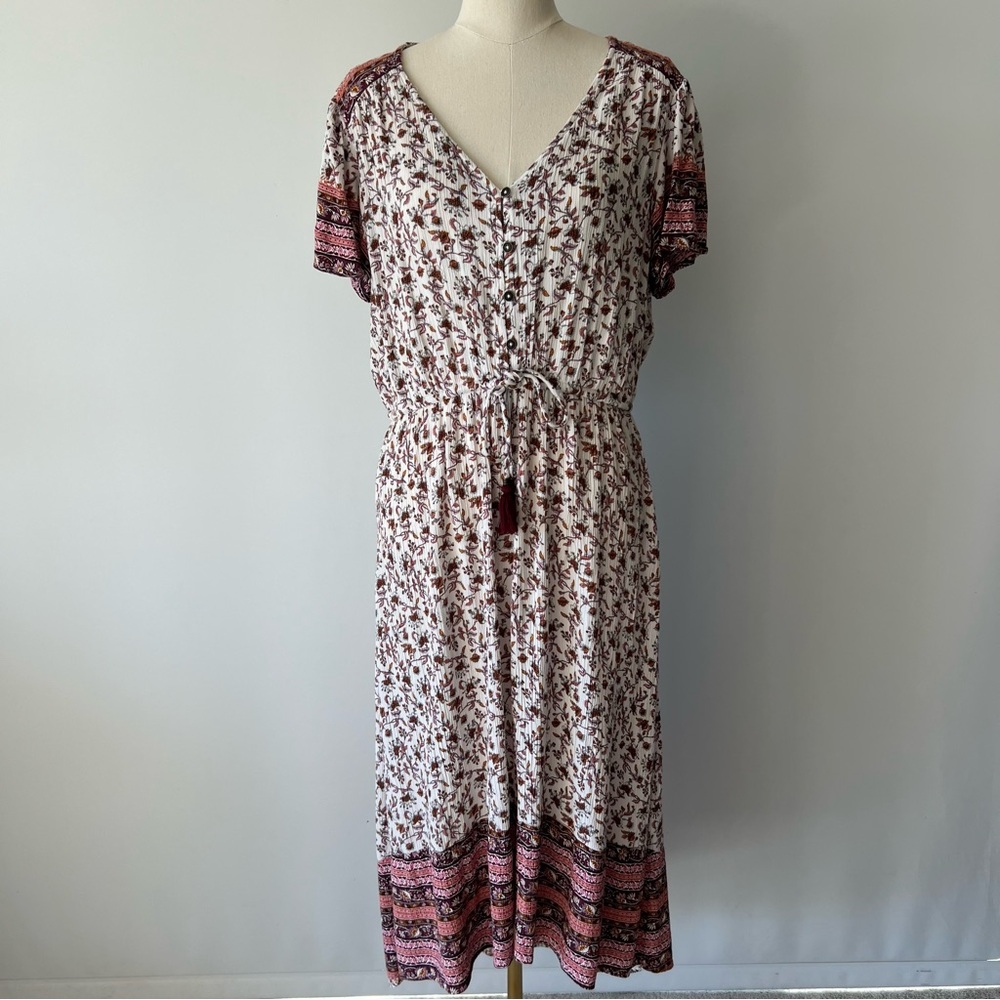 Knox Rose Floral Boho Midi Dress with Tassel Tie - Size L